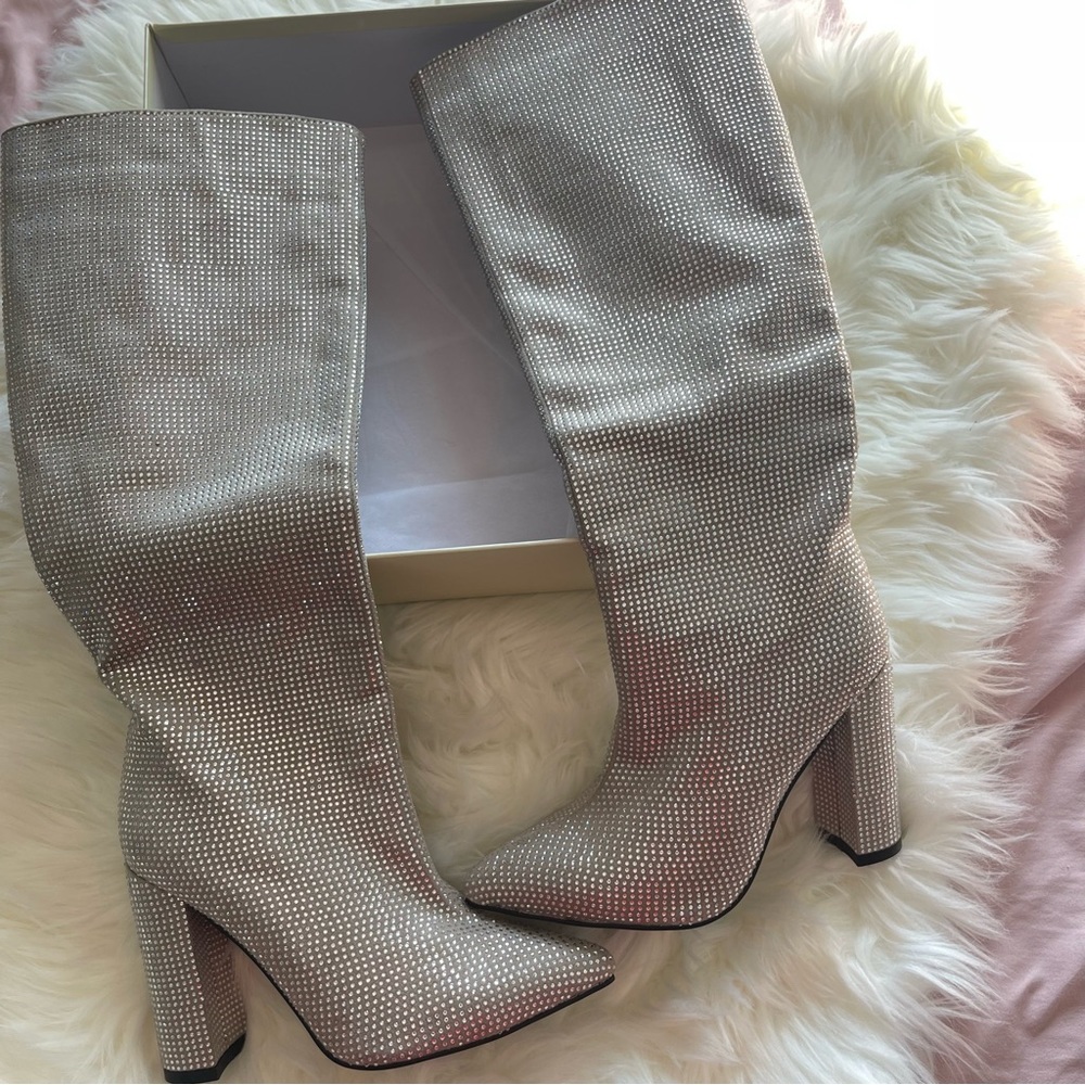 Silver bling knee high boots